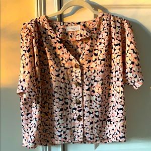 White, blue and pink cheetah print blouse